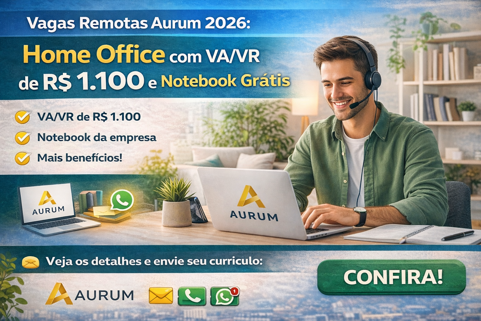 Vagas Remotas Aurum 2026: Home Office com VA/VR de R$ 1.100 e Notebook Grátis