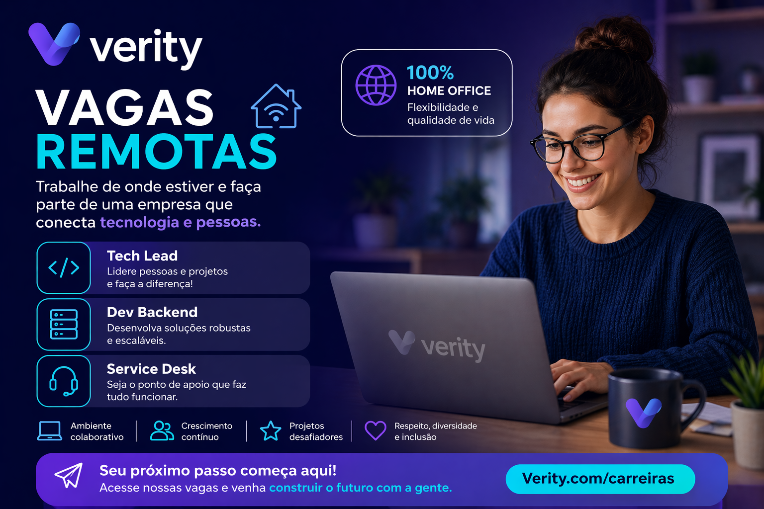 Verity Vagas Remotas: Oportunidades para Tech Lead, Dev Backend e Service Desk