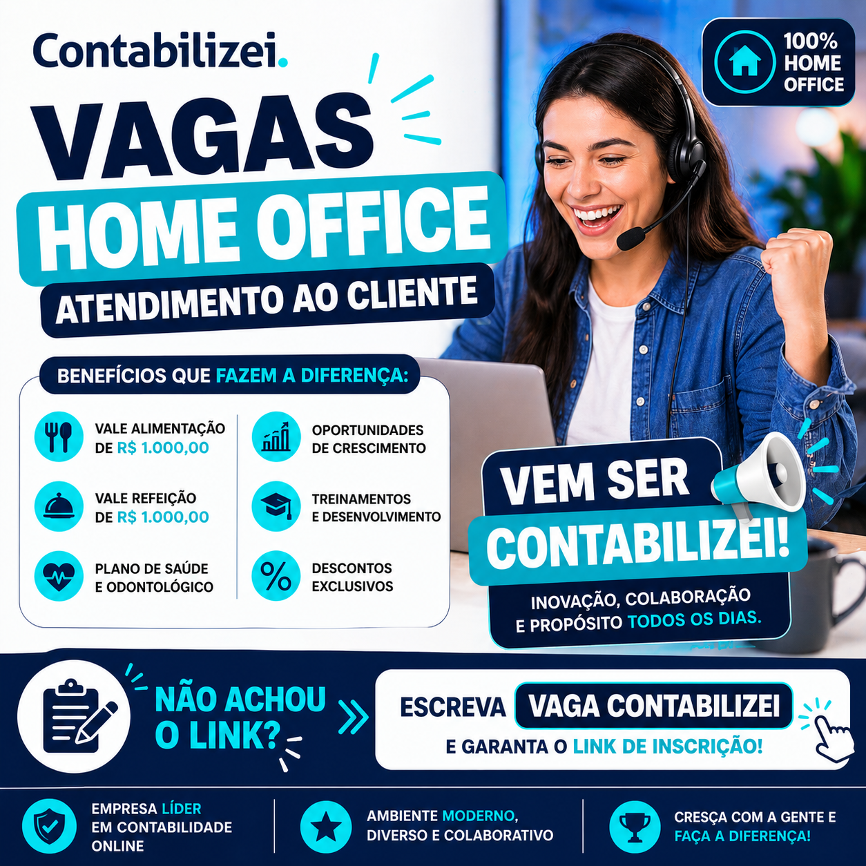 Contabilizei Vagas Home Office: Atendimento com VA e VR de R$ 1.000,00