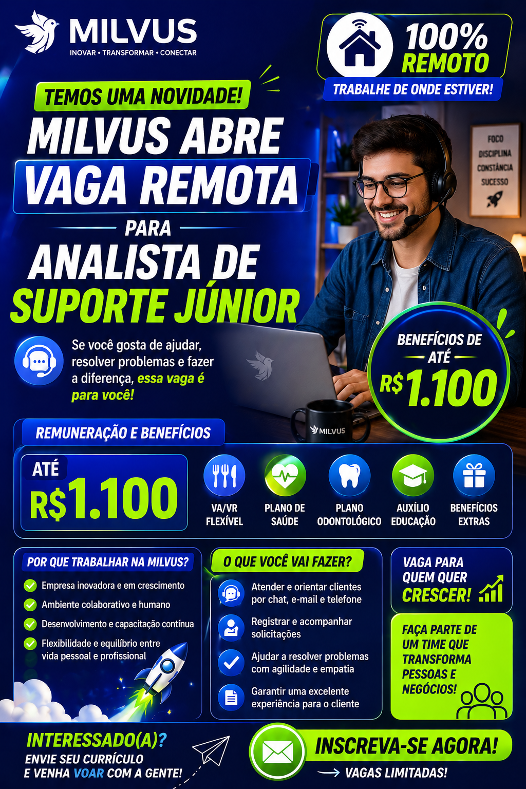 Milvus abre vaga remota para Analista de Suporte Júnior com benefícios de R$ 1.100