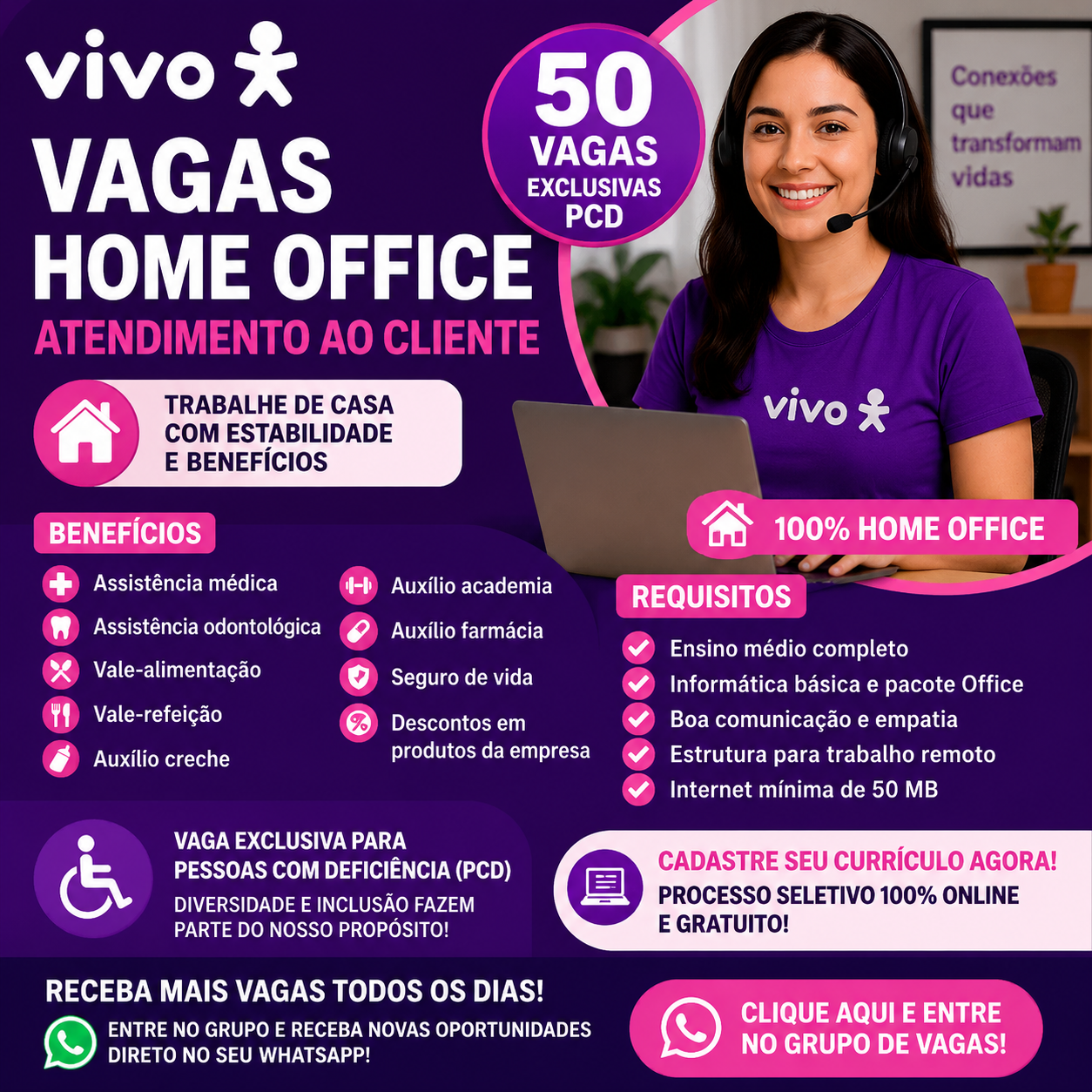 Vagas Home Office Vivo: 50 Oportunidades para Atendimento ao Cliente (Exclusiva PCD)