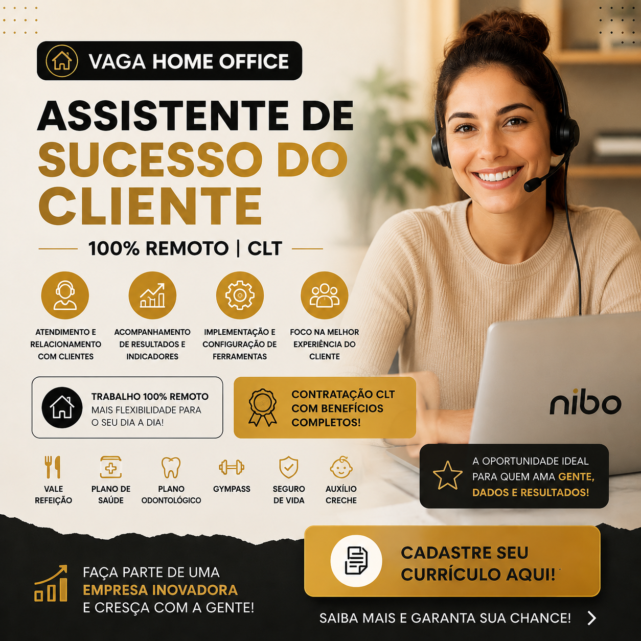 Vaga Home Office: Assistente de Sucesso do Cliente com benefícios completos e contratação CLT