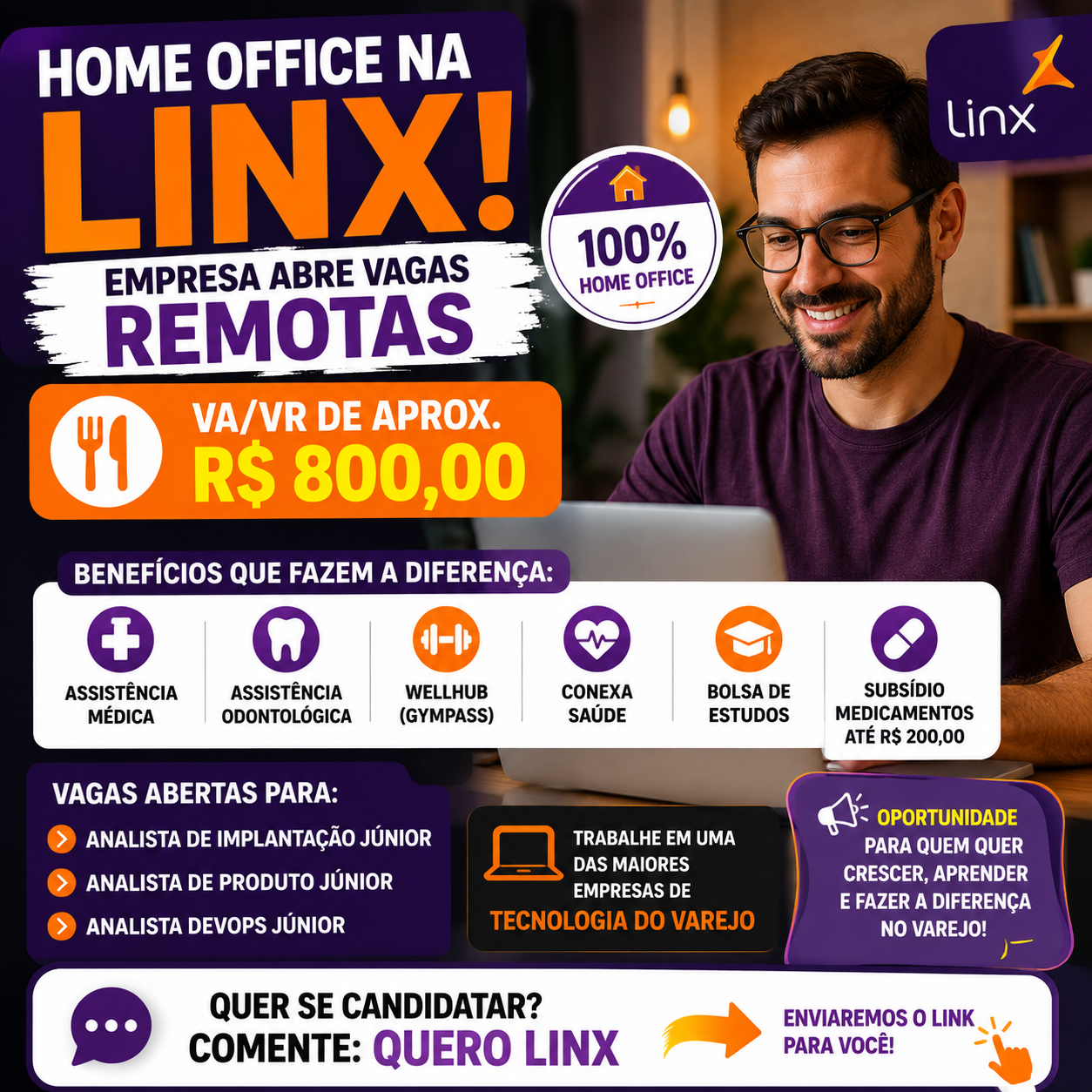 Home Office na Linx: Empresa abre vagas remotas com VA/VR de R$ 800