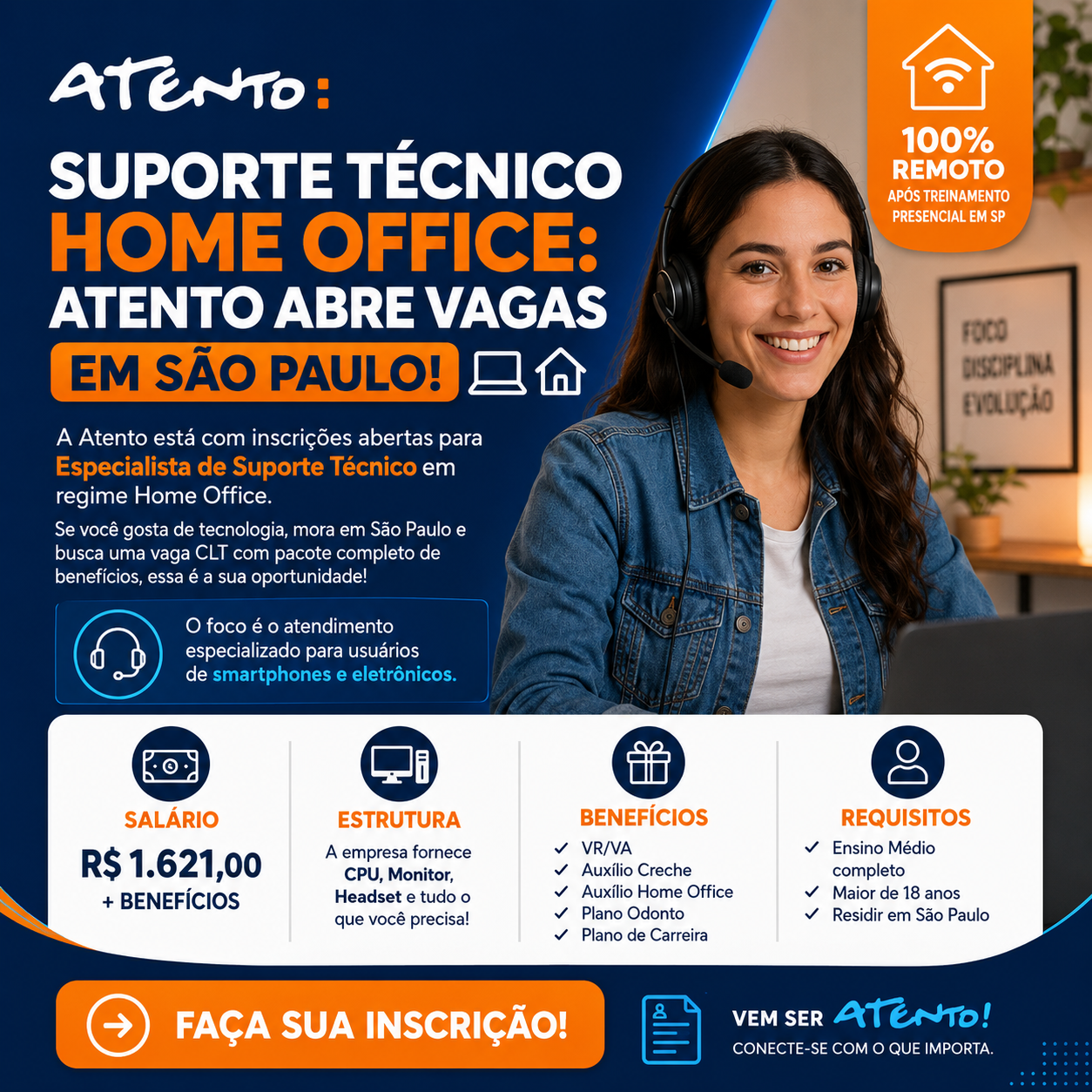 Atento abre vagas para Especialista de Suporte Técnico Home Office em São Paulo
