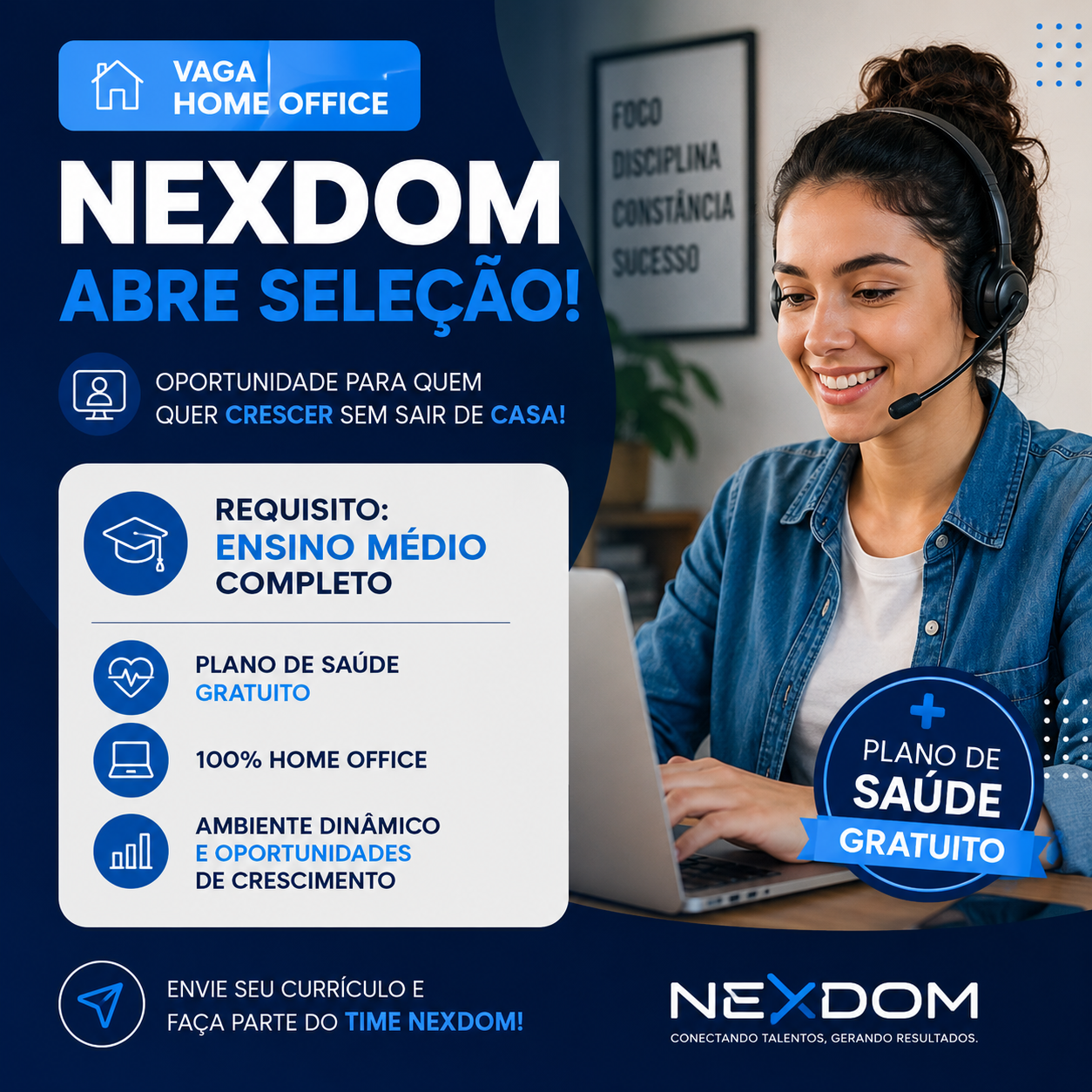 Vaga Home Office para Ensino Médio: NEXDOM abre seleção com Plano de Saúde Gratuito