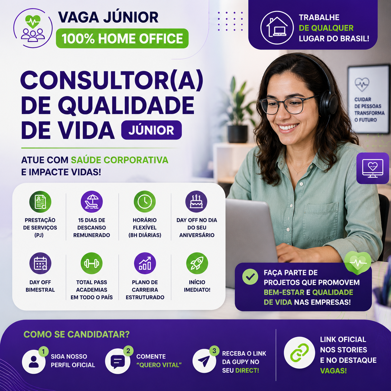 Vaga de Saúde e Bem-Estar Home Office na Vital Work: Inscrições Abertas para Consultor(a) de Qualidade de Vida Júnior (PJ)