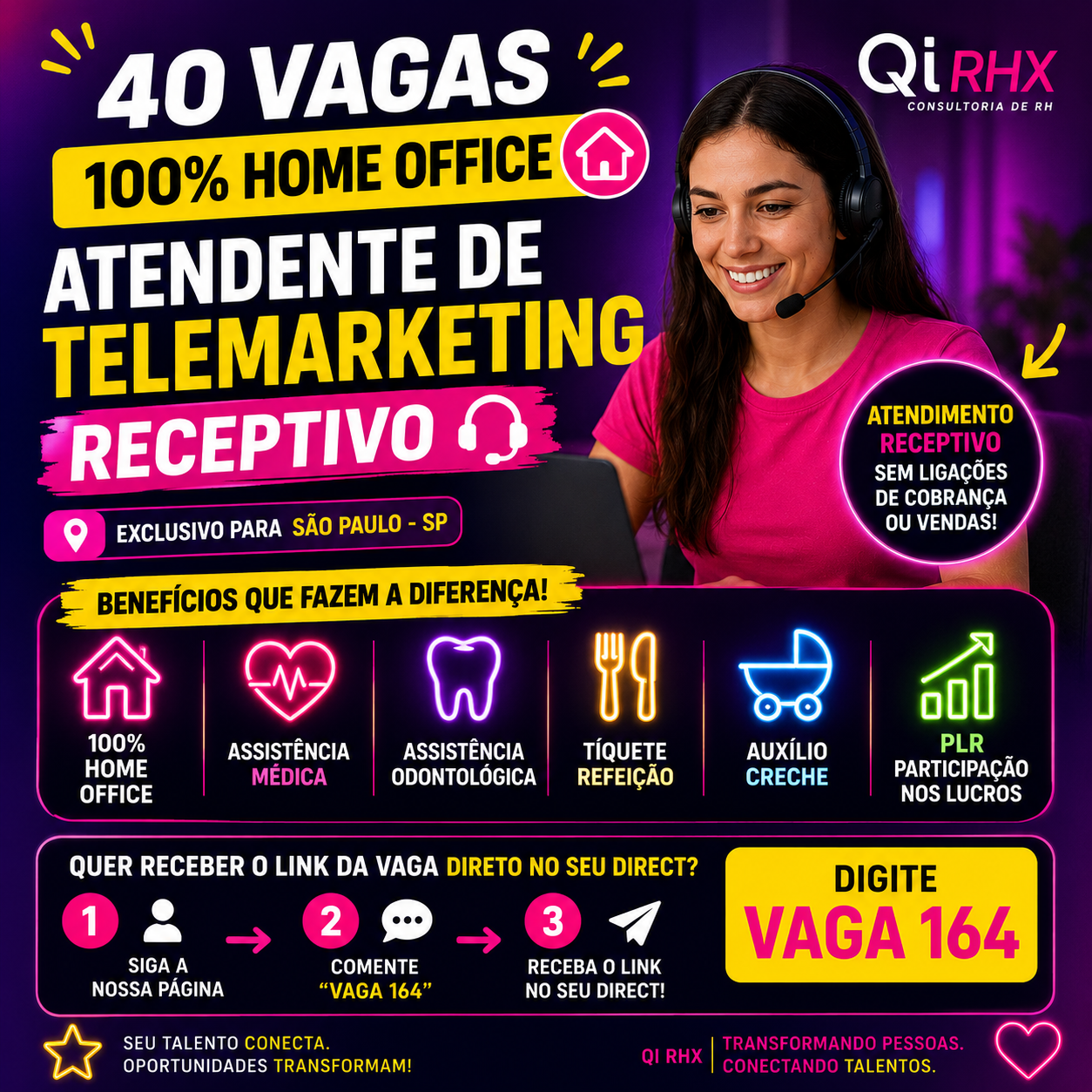 Vaga Home Office: Atendente de Telemarketing Receptivo na QI RHX